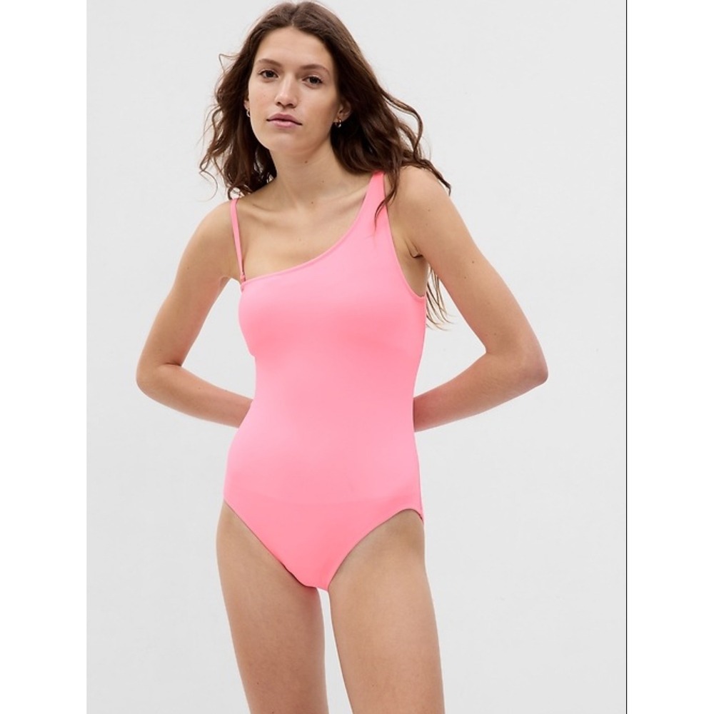 Gap Women Neon Pink One-Shoulder One-Piece Swimsuit Size M